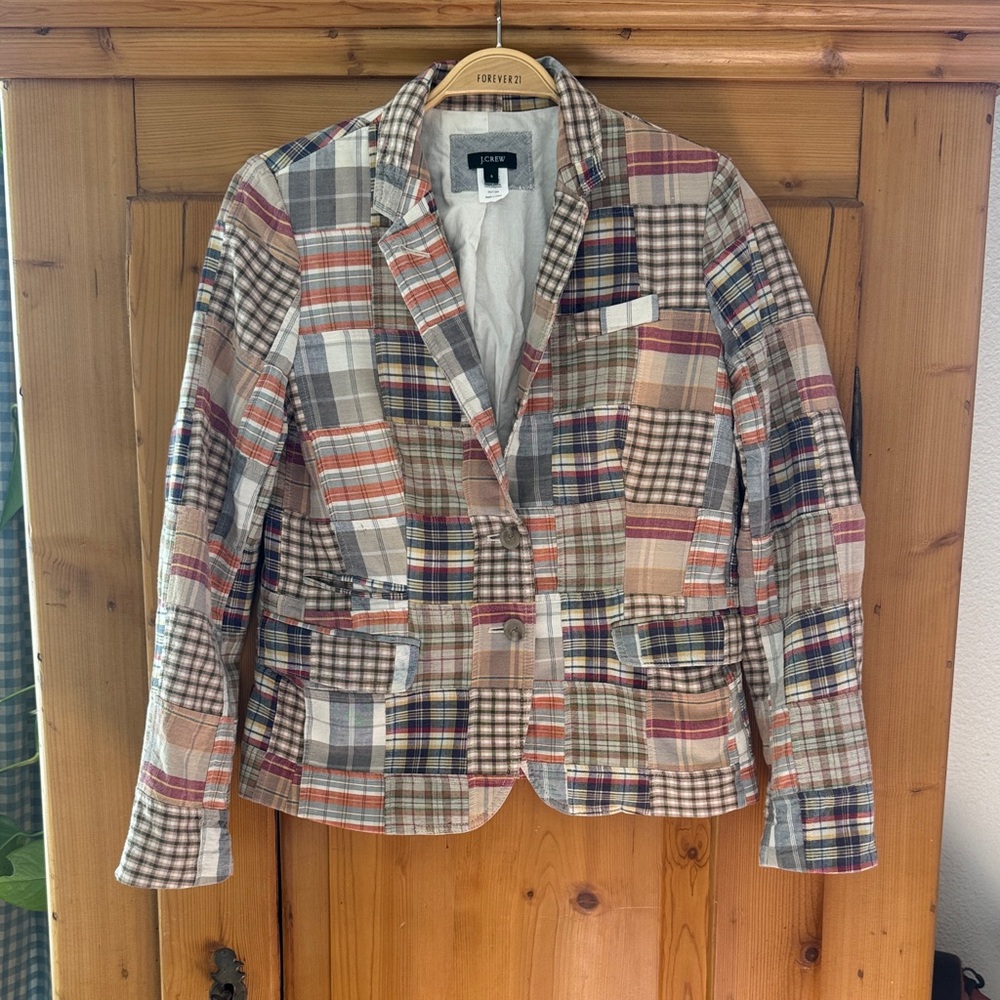 J. Crew Patchwork Plaid Blazer in Tan, Navy & Rust